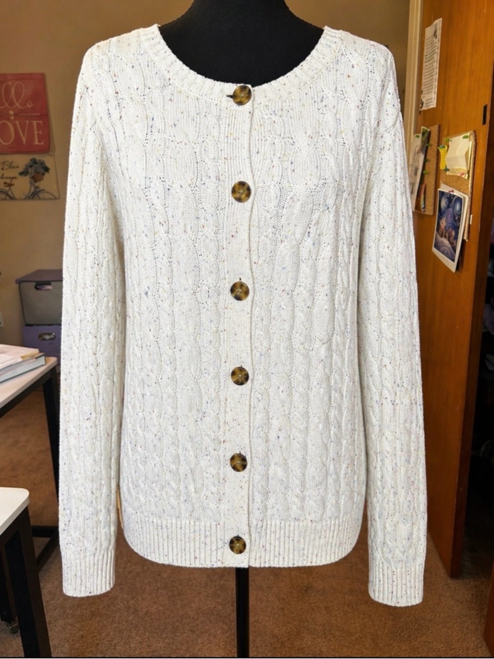 Lands' End Cream Speckled Cable-Knit Cardigan with Tortoise Buttons